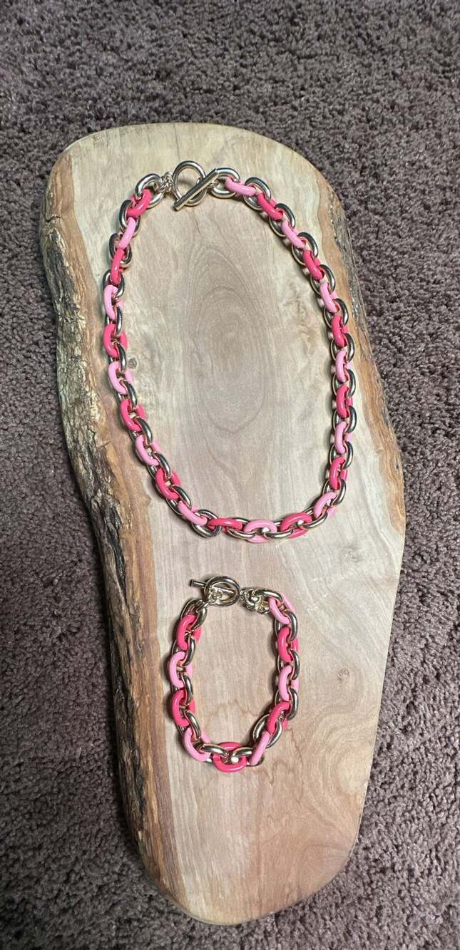 Loft Pink Enamel Chunky Chain Necklace And Bracelet Set
